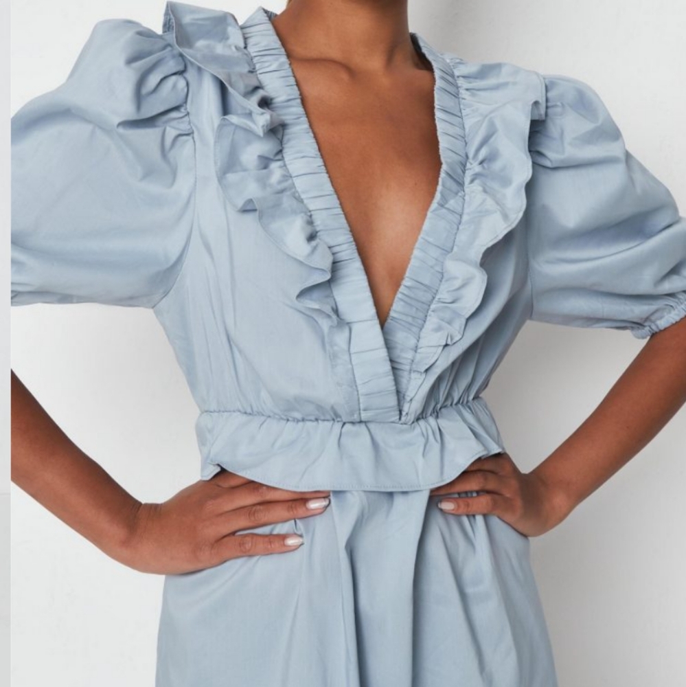 Missguided Poplin Frill Waist Skater Dress SS Linen Look Blue V-neck Puff Sleeve - Picture 6 of 10